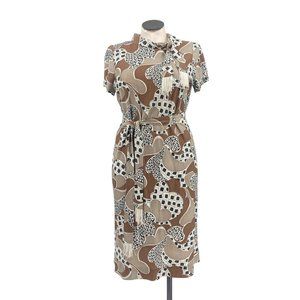 1960's Psychadelic Print Brown & Beige Dress with Scarf and Belt XL/XXL